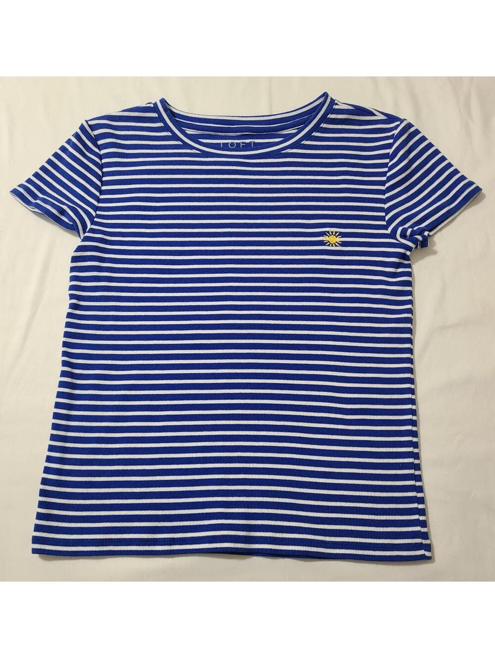 Loft Sun Embroidered Shirt Womens Size Medium Blue White Striped Preppy Coastal